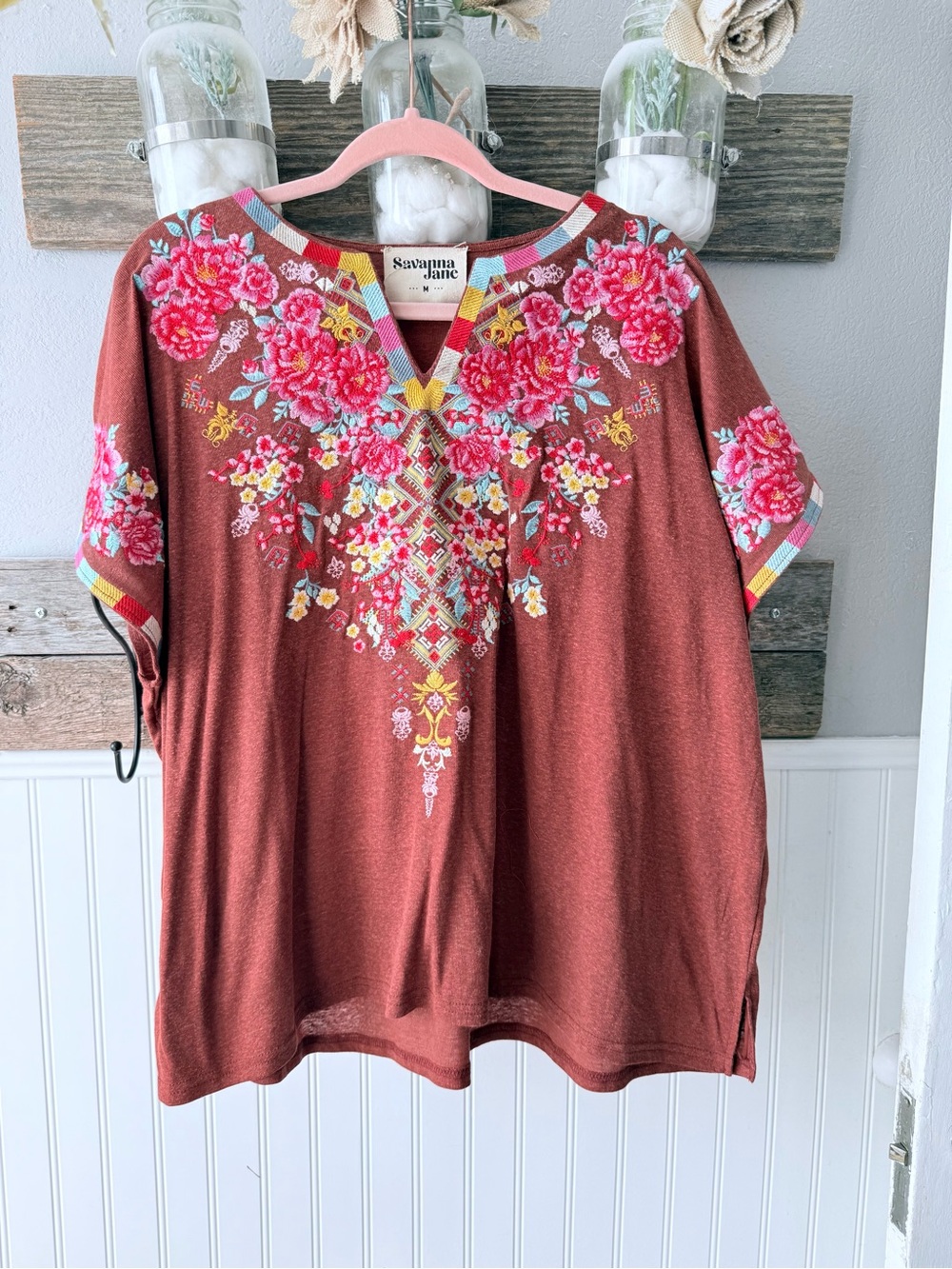 Savanna Jane Rust Floral Embroidered V-Neck Tunic Top